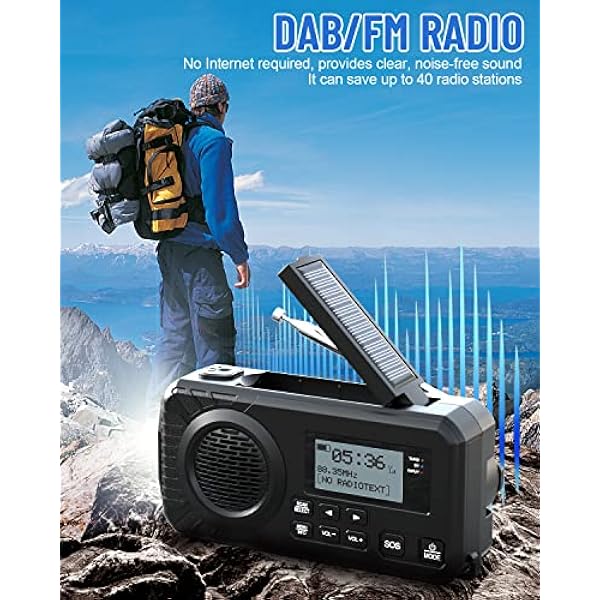 Radio Solare Portatile 5000mAh DAB/BT/FM Radio Emergenza Radio Meteo Portatile Manovella Impermeabile Type-C Ricaricabile 4 Modalità con Bussola Torcia LED Allarme SOS per Campeggio Escursioni